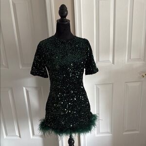 Green Sequin Dress with Feather Hem